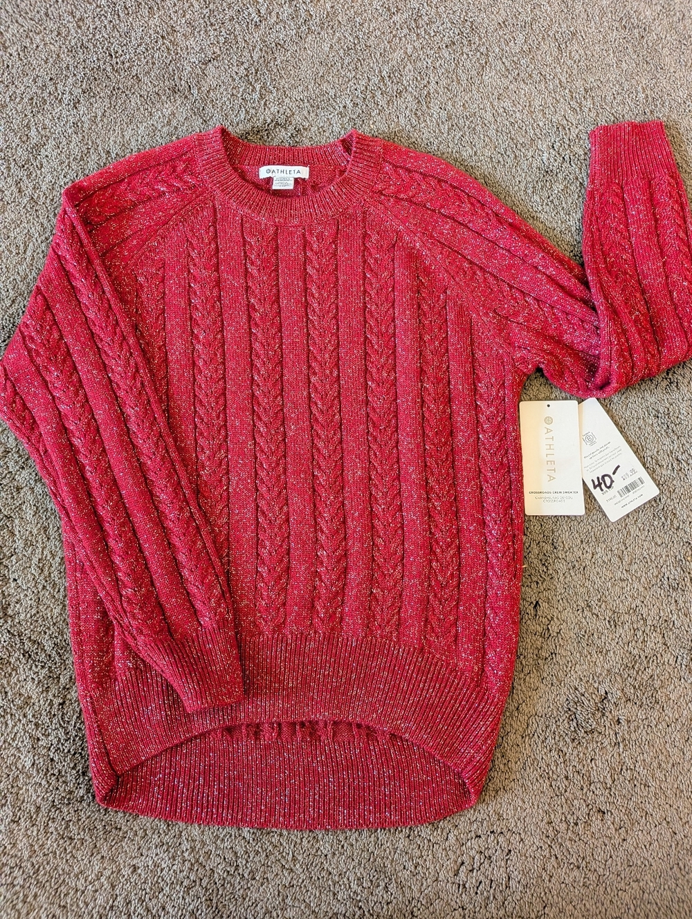 Athleta Dark Red Cable & Lurex Knit Crewneck Sweater